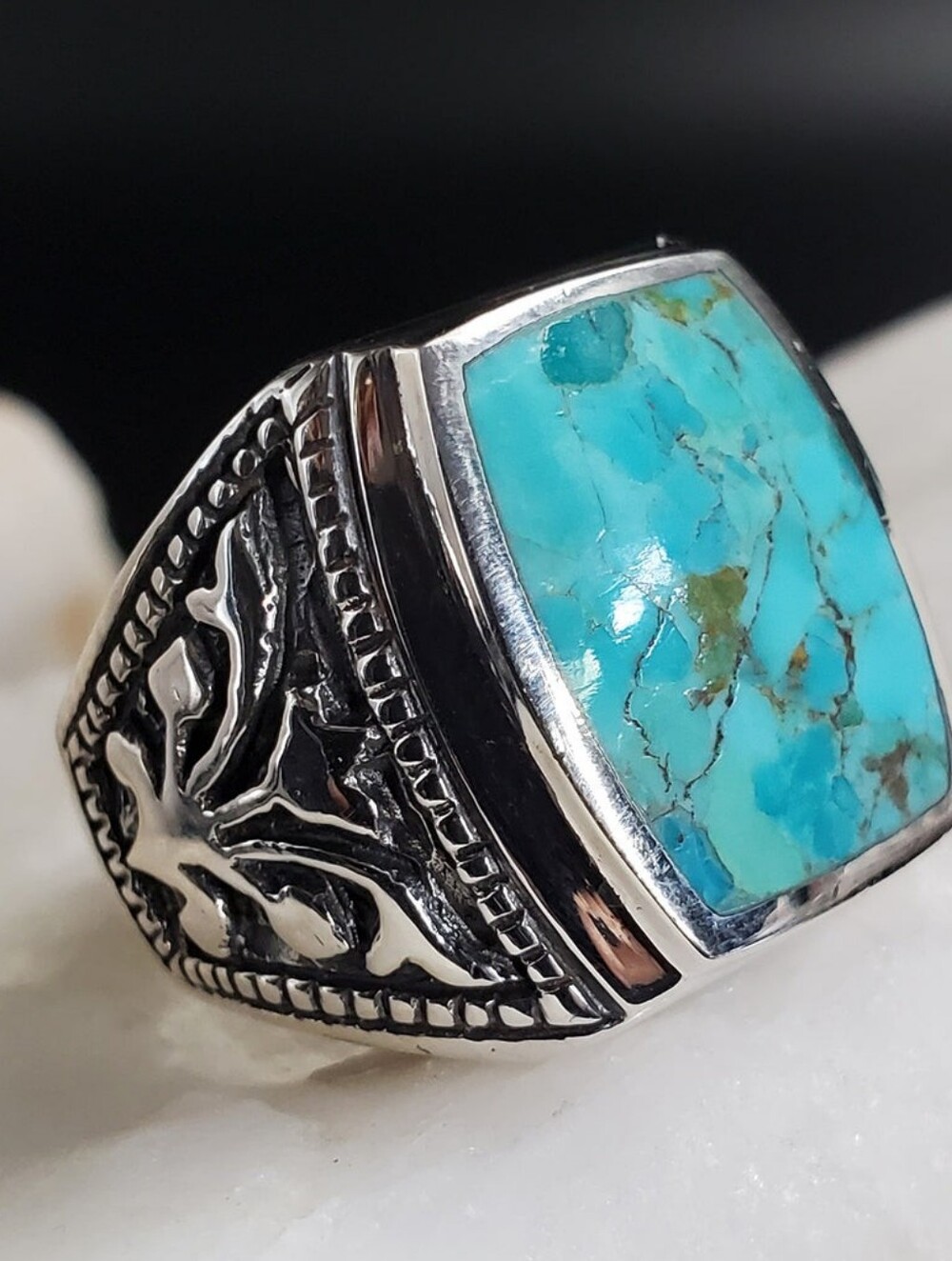 Sterling Silver 925 Men's Ring Size 10.2 Geniine American Turquoise Stone - Picture 7 of 9